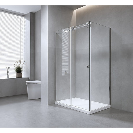 150x90cm Frameless Glass Sliding Corner Shower with Black Rail and Hardware