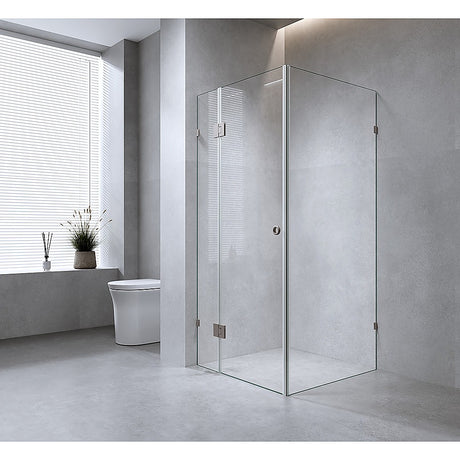120x120cm Corner Frameless Shower Screen with Nickel Brackets and SS Hinges, Round Handle
