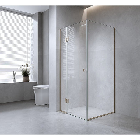 100x80cm Corner Frameless Shower Screen with Chrome Channel and Brass Hinges, Round Handle