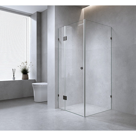 110x90cm Corner Frameless Shower Screen with Gunmetal Brackets and Brass Hinges, Round Handle