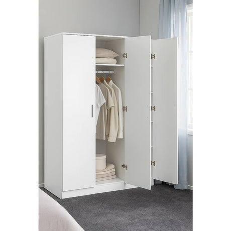 3 Door White Gloss Wardrobe – White Handles, Hanging Rail & Shelves