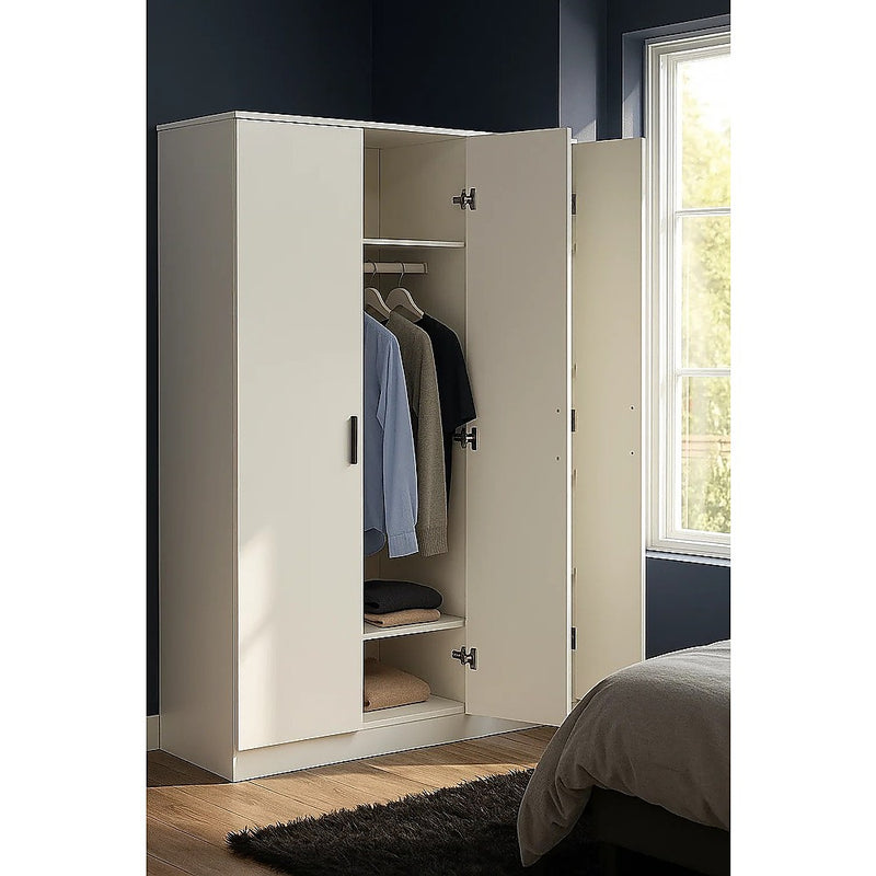 3 Door White Gloss Wardrobe – Black Handles, Hanging Rail & Shelves
