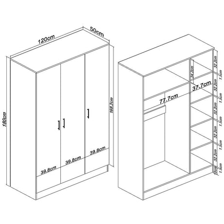 3 Door White Gloss Wardrobe – Black Handles, Hanging Rail & Shelves
