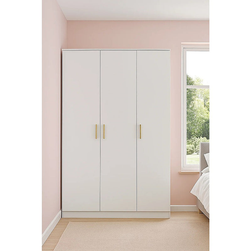 3 Door White Gloss Wardrobe – Gold Handles, Hanging Rail & Shelves