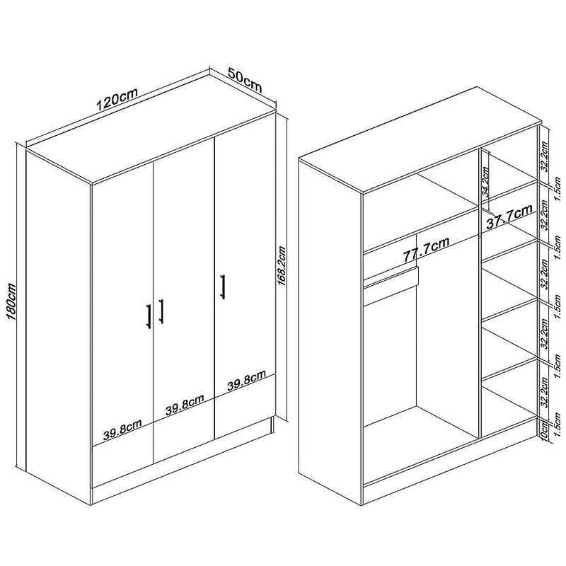 3 Door White Gloss Wardrobe – Gold Handles, Hanging Rail & Shelves