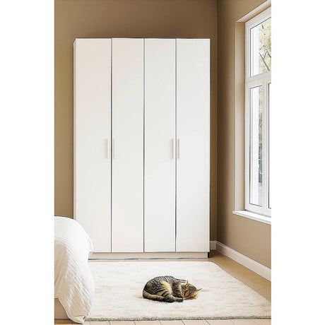 4 Door Wardrobe in White Gloss – Hanging Rail, Shelves & White Handles