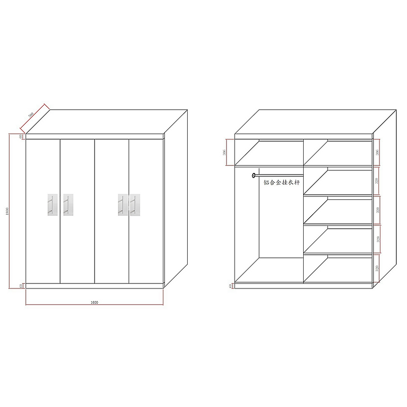 4 Door Wardrobe in White Gloss – Hanging Rail, Shelves & White Handles