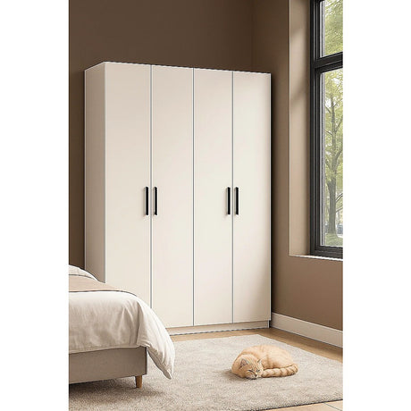 4 Door Wardrobe in White Gloss – Hanging Rail, Shelves & Black Handles