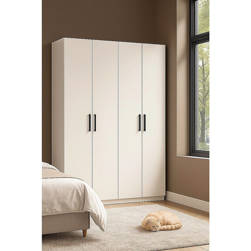 4 Door Wardrobe in White Gloss – Hanging Rail, Shelves & Black Handles