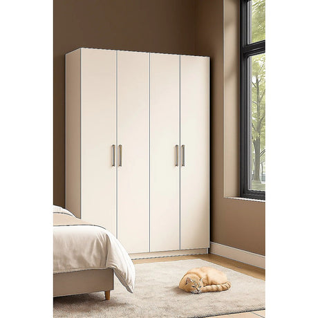 4 Door Wardrobe in White Gloss – Hanging Rail, Shelves & Gold Handles