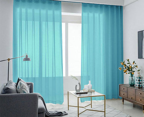 2 Long drop Sheer Voile Curtains 592cm x 270cm Drop+Hooks Pinch Pleat Lake Blue