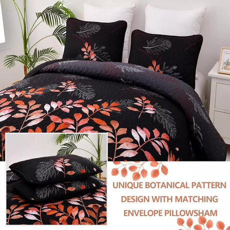 Black and Red  Leaves Quilted Bedspread & Pillowcase Set