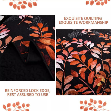 Black and Red  Leaves Quilted Bedspread & Pillowcase Set