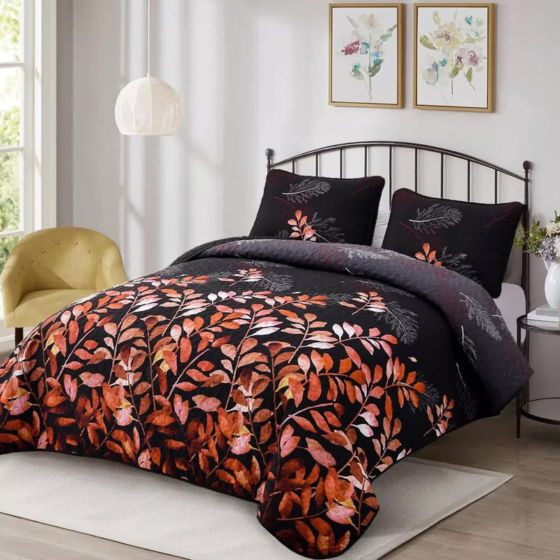 Black and Red  Leaves Quilted Bedspread & Pillowcase Set