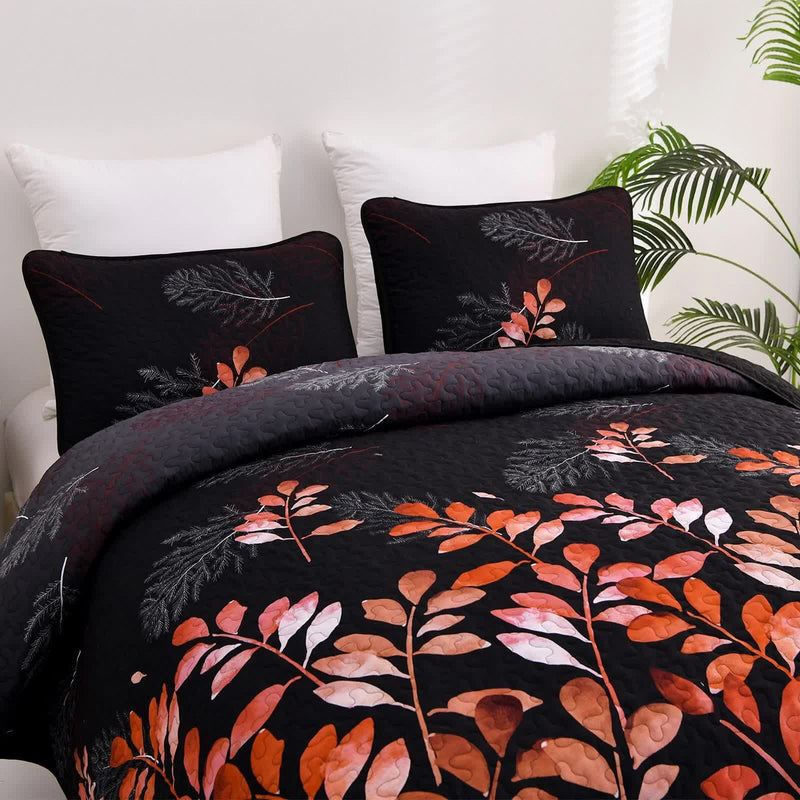 Black and Red  Leaves Quilted Bedspread & Pillowcase Set