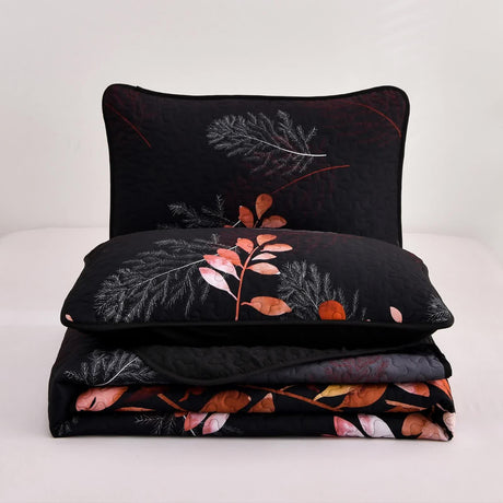 Black and Red  Leaves Quilted Bedspread & Pillowcase Set