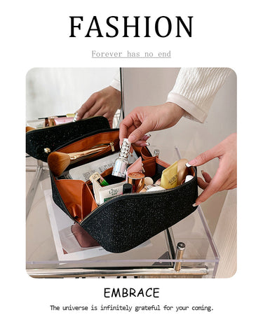 Black Elegant Glitter Cosmetic Bag with Zipper and Handle