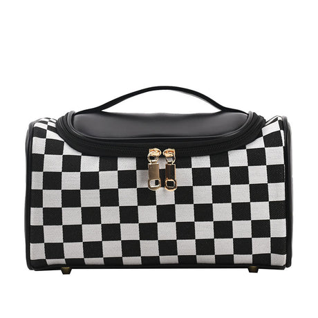 Black Checkered Cosmetic Bag with Handle - Stylish, Compact, and Practical for Travel