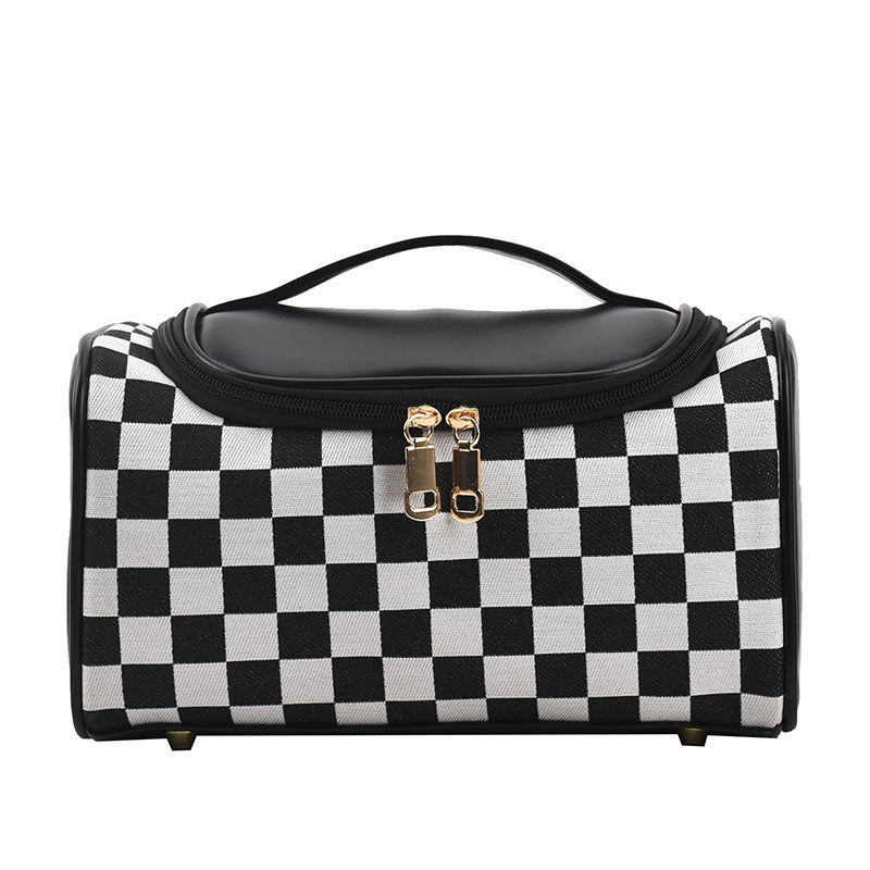 Black Checkered Cosmetic Bag with Handle - Stylish, Compact, and Practical for Travel