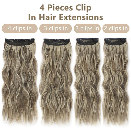 4 Pcs Set Black High-Quality Wavy Clip-In Hair Extensions Set - 50cm, 200g, Synthetic Fiber - Voluminous Beach Waves for Instant Hair Makeover