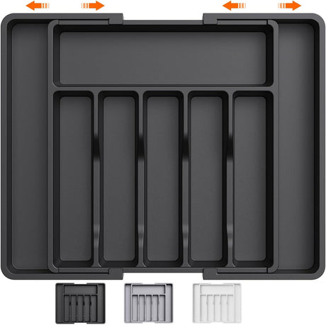 Black Adjustable Polypropylene Kitchen Drawer Organizer – 8 Compartments, Large Capacity, Easy to Clean