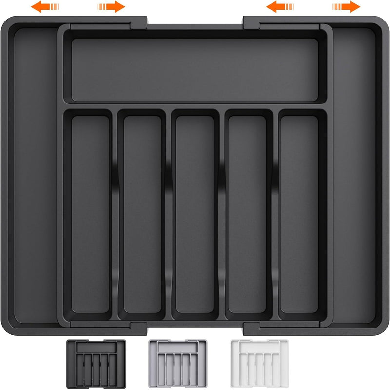 Black Adjustable Polypropylene Kitchen Drawer Organizer – 8 Compartments, Large Capacity, Easy to Clean
