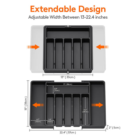 Black Adjustable Polypropylene Kitchen Drawer Organizer – 8 Compartments, Large Capacity, Easy to Clean