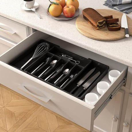 Black Adjustable Polypropylene Kitchen Drawer Organizer – 8 Compartments, Large Capacity, Easy to Clean