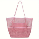 Pink Breathable Mesh Beach Tote Bag - Large Capacity Sand-Free Bag with Zipper Pocket & Multi-Purpose Storage