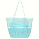 Blue Breathable Mesh Beach Tote Bag - Large Capacity Sand-Free Bag with Zipper Pocket & Multi-Purpose Storage