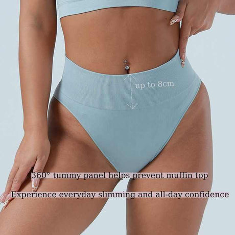 (Coffee+Blue+Grey)3 Pcs Size L Microfiber High-Waisted Thong Underwear with Tummy Control - Slimming Comfort