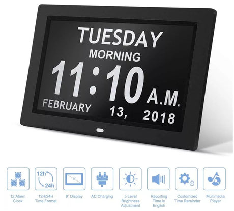 Black 10.1-Inch Digital Clock with Medication Reminders & Multi-Function Alarm - Ideal for Elderly Care
