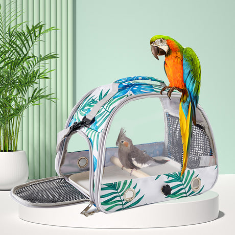 Stylish Leaf Print Clear View Bird Carrier - Portable Travel Cage with Perch & Tray for Parrots, Cockatiels & Small Pets