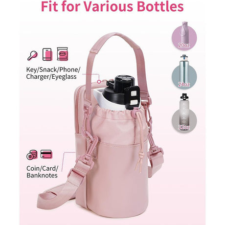 Beige Stylish Water Bottle Carrier Bag with Phone Pocket, Key Clip & Adjustable Strap - Crossbody Sling Holder