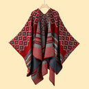 Diamond Colour Stripe Rose Elegant Autumn Winter Shawl - Artistic Split-Design Knit Cloak with Oil Painting Style