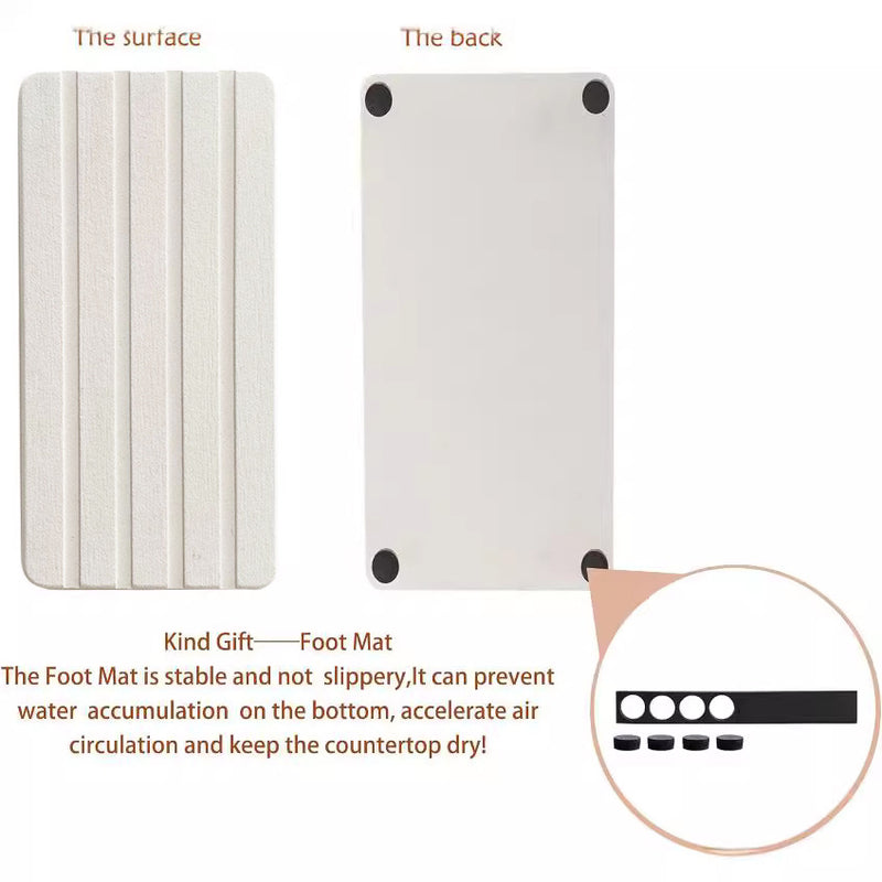 Engraved Inner Frame - White 2-Piece Rectangular Diatomaceous Earth Coaster Set - Absorbent Grooved Mat for Sink and Bathroom
