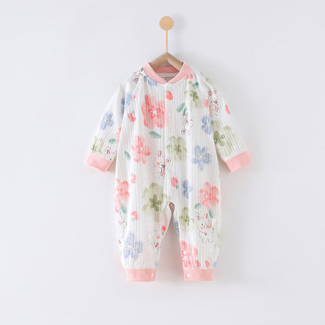 59 Size Rabbit Among Flowers Class A Pure Cotton Long-Sleeve Baby Onesie - Cozy Newborn Bodysuit for Fall and Winter