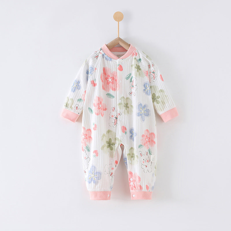 59 Size Rabbit Among Flowers Class A Pure Cotton Long-Sleeve Baby Onesie - Cozy Newborn Bodysuit for Fall and Winter