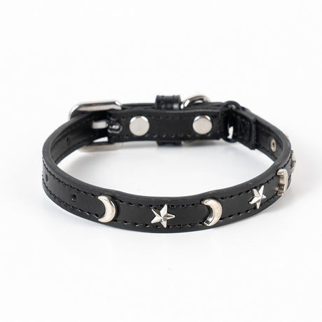 3 pcs Black Stylish PU Leather Pet Collar - Anti-Loss, Puppy Bell, Star & Moon Design Width 1.2cm Total Length 35cm