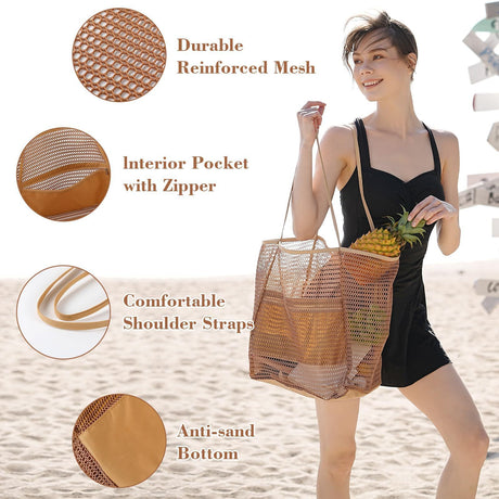 2 pcs Pink Casual Mesh Tote Bag - Shoulder Bag for Beach & Travel 35x17x37cm