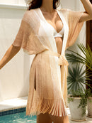 2 PCS Apricot Crochet Tassel Beach Cover-Up - Knit Sarong for Swimwear