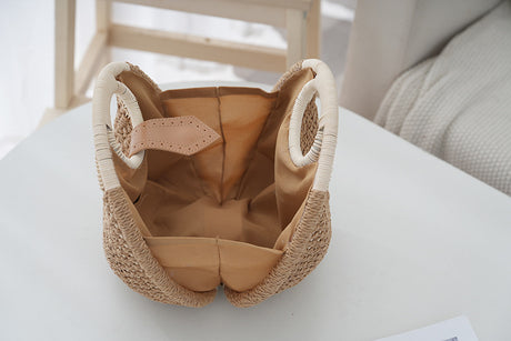 Brown Boho Circle Straw Bag - Stylish Woven Tote with Round Handles