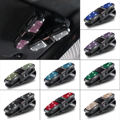6 Pcs Blue Luxury Rhinestone Car Sun Visor Glasses Clip - Multi-Functional, 180° Rotatable, ABS Material