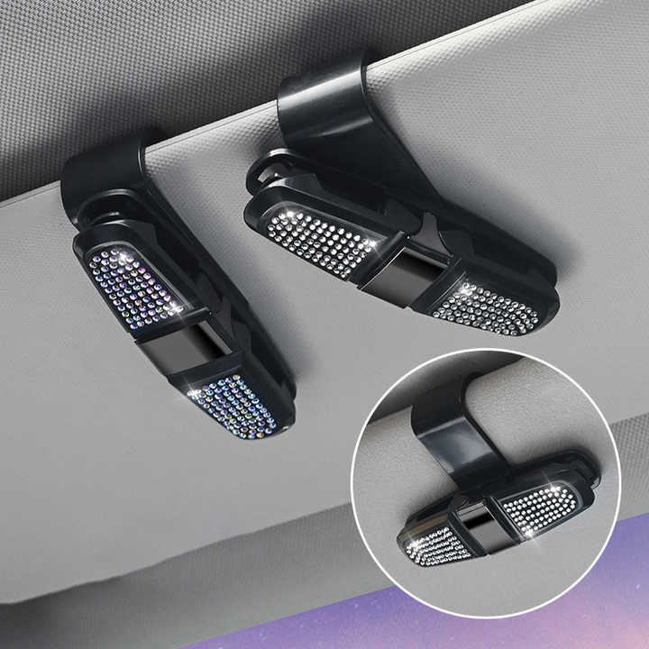 6 Pcs Light Blue Luxury Rhinestone Car Sun Visor Glasses Clip - Multi-Functional, 180° Rotatable, ABS Material
