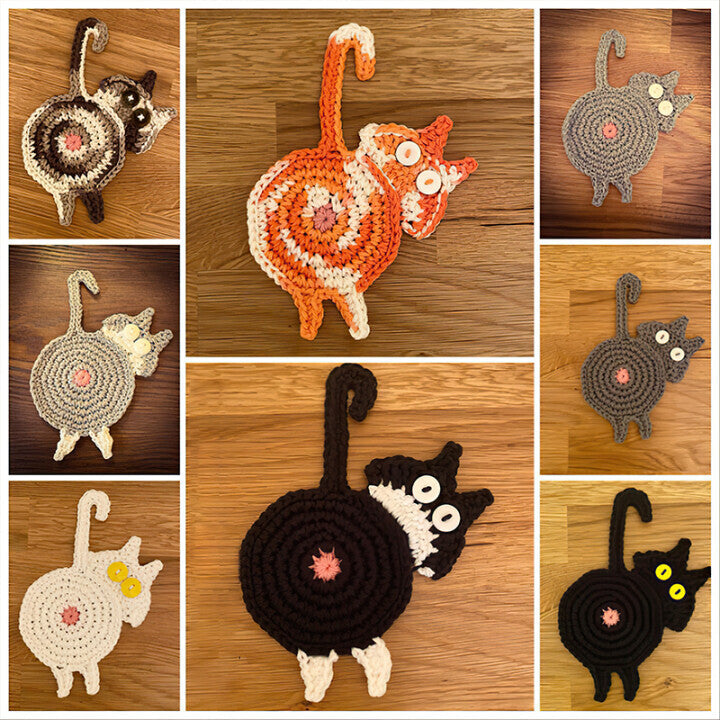4 Pcs Grey And White Cute Cat Butt Knitted Coaster - Lightweight Crochet Drink Mat, 15x10cm