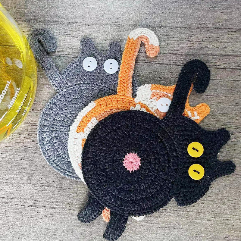 4 Pcs Grey And White Cute Cat Butt Knitted Coaster - Lightweight Crochet Drink Mat, 15x10cm