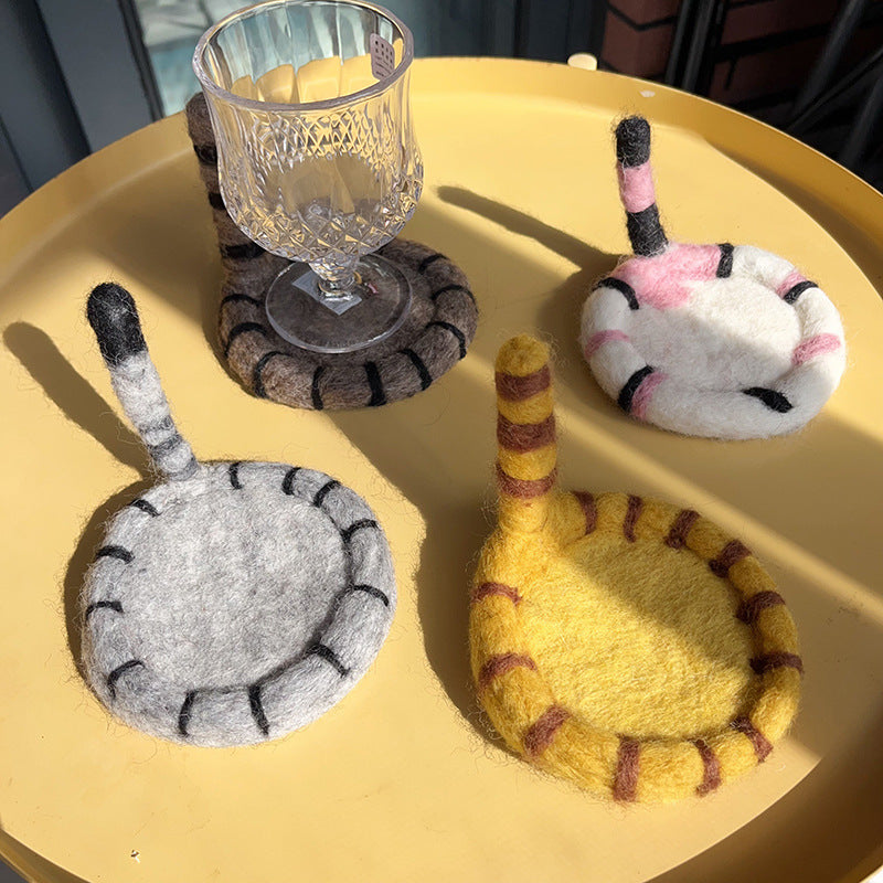 2 Pcs Brown Handmade Wool Felt Cat Coasters - Cute Tiger Design, Heat-Resistant Table Mats