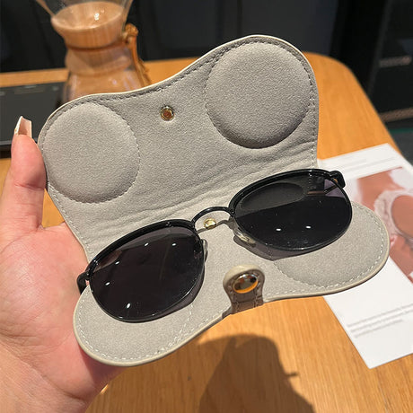 Beige Stylish PU Leather Eyeglass Case - Portable Sunglasses Storage Pouch with Strap for Men and Women