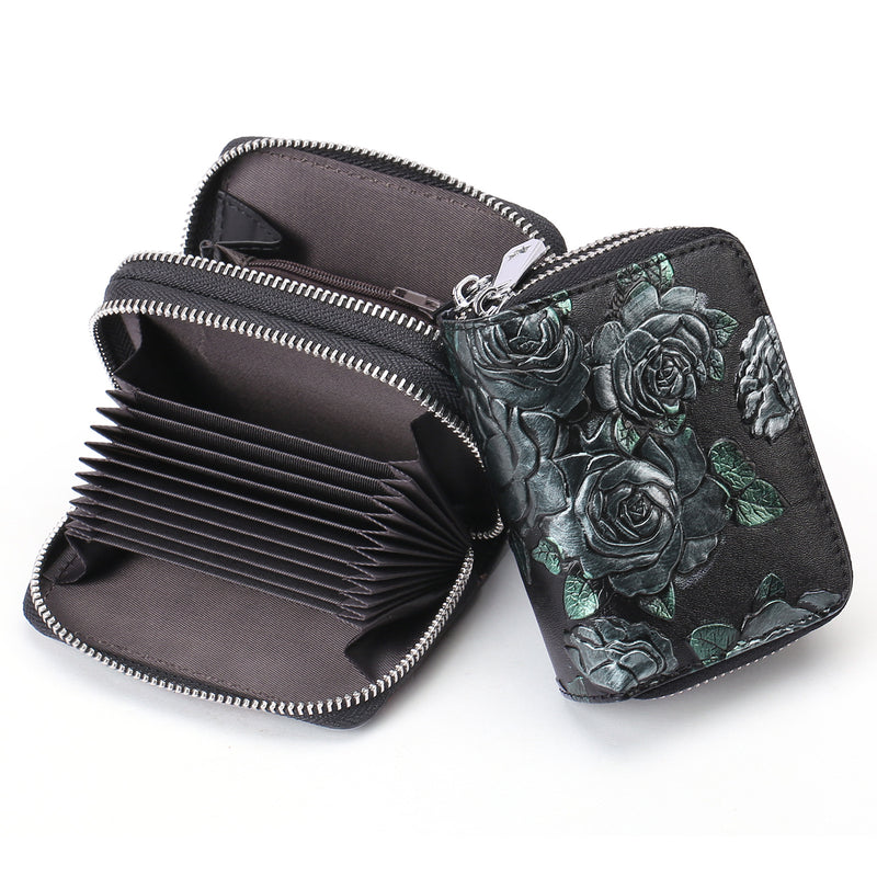 Black Background With Silver Roses Floral Embossed Genuine Leather Card Holder - Large Capacity 10 Card Slots, RFID Blocking, Double Zipper Coin Pouch