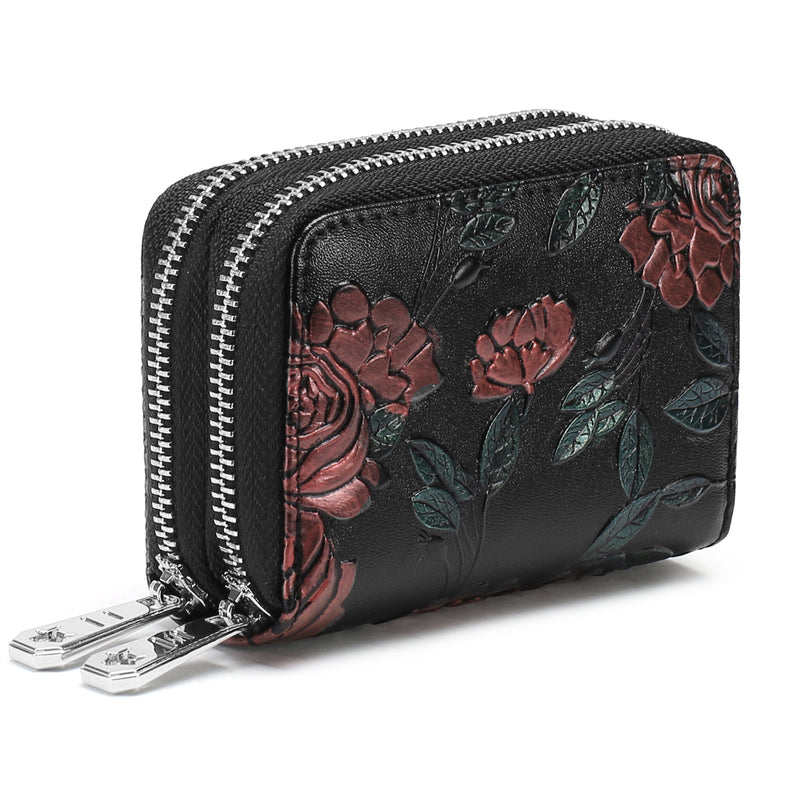 Black Background With Silver Roses Floral Embossed Genuine Leather Card Holder - Large Capacity 10 Card Slots, RFID Blocking, Double Zipper Coin Pouch